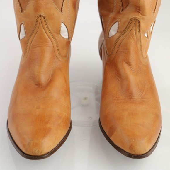 Tan Leather Heeled Boots with Red Floral Design - Picture 4 of 12